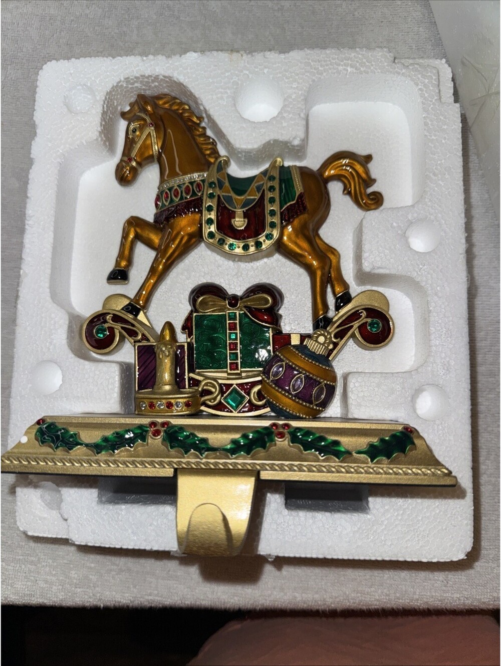 New Costco Jeweled Enamel Gold Heavy Metal Christmas Horse Stocking Holder Rare